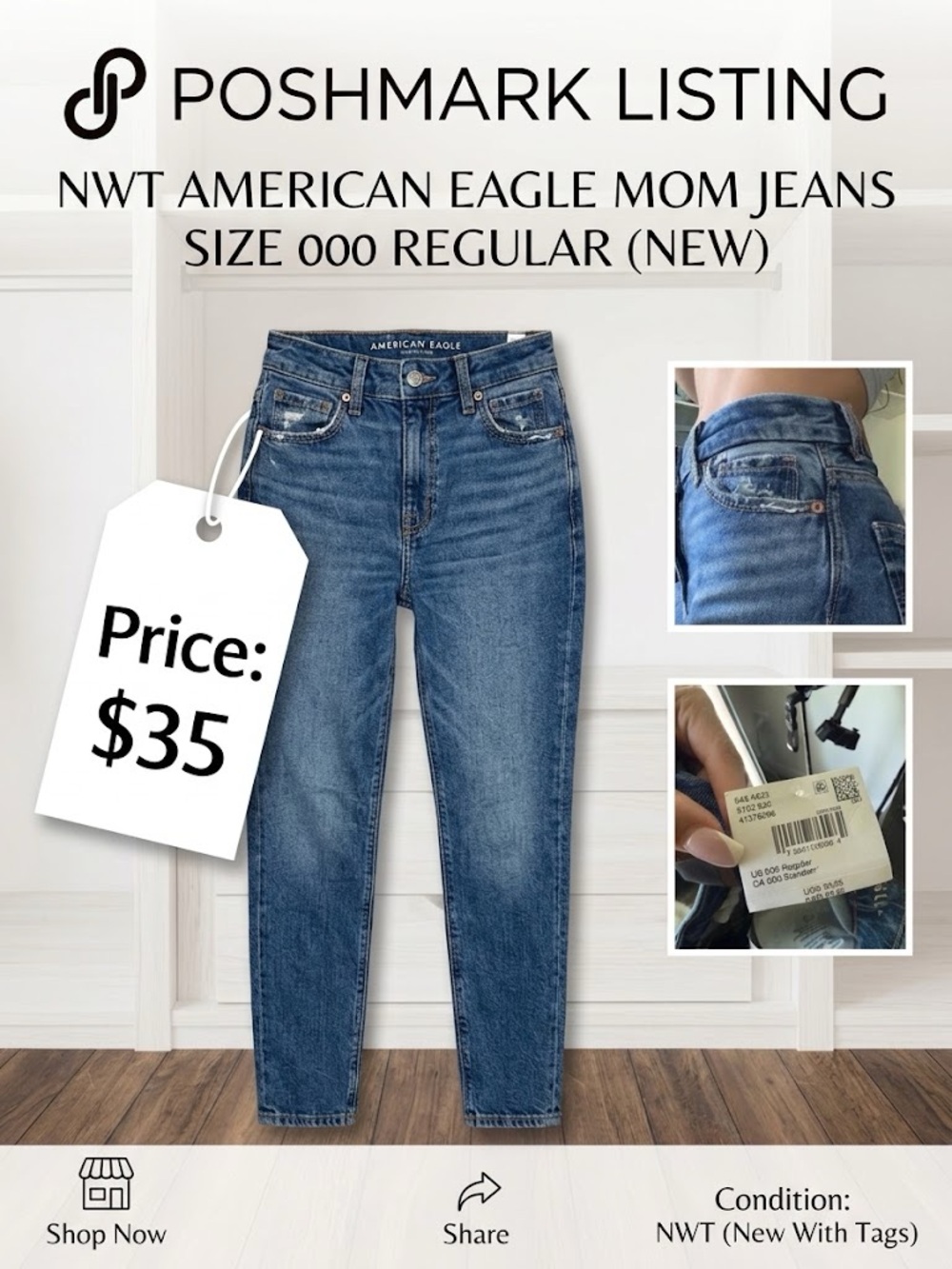 NWT American Eagle Mom Jeans - Size 000 Regular (NEW)